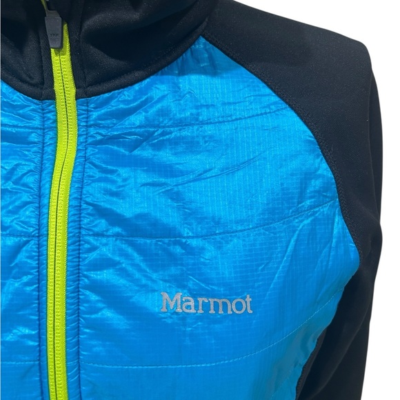 Marmot Variant turquoise, chartreuse, & Black Hooded puffer zip up Jacket large - Picture 4 of 12